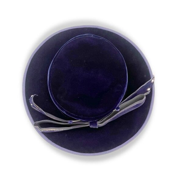 Vintage Makoff Salt Lake City Navy Blue Velvet Hat 22 1/2 Wide Brim Ribbon Bow - Picture 8 of 15